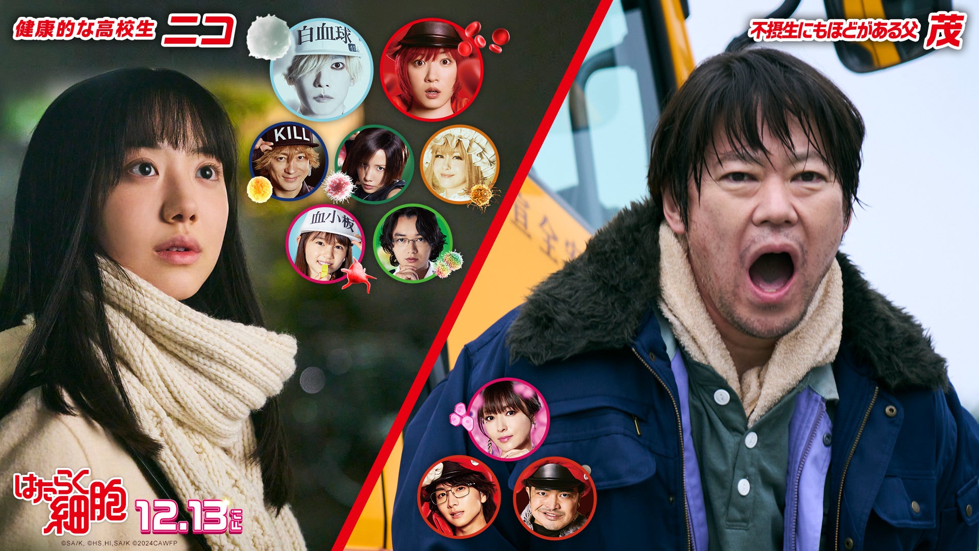 芦田愛菜、阿部サダヲ／映画「はたらく細胞」場面写真（C）清水茜／講談社（C）原田重光・初嘉屋一生・清水茜／講談社（C）2024映画「はたらく細胞」製作委員会