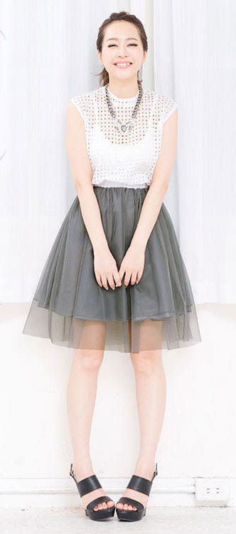 ハイネックメッシュノースリーブトップス×チュールスカート☆ドッキングフレアワンピース「神戸レタス」2990円(税込)