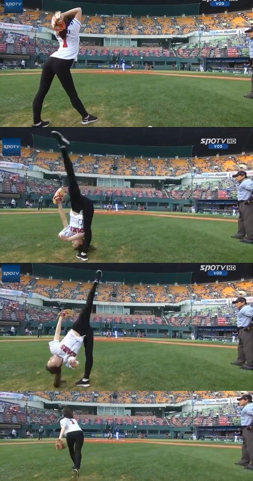 イリュージョン投法を見せるシン・スジ（KBS N SPORTS YouTubeより）