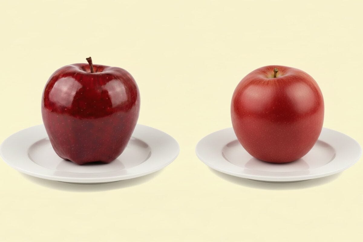 ツヤのあるりんごと普通のりんごのイメージ