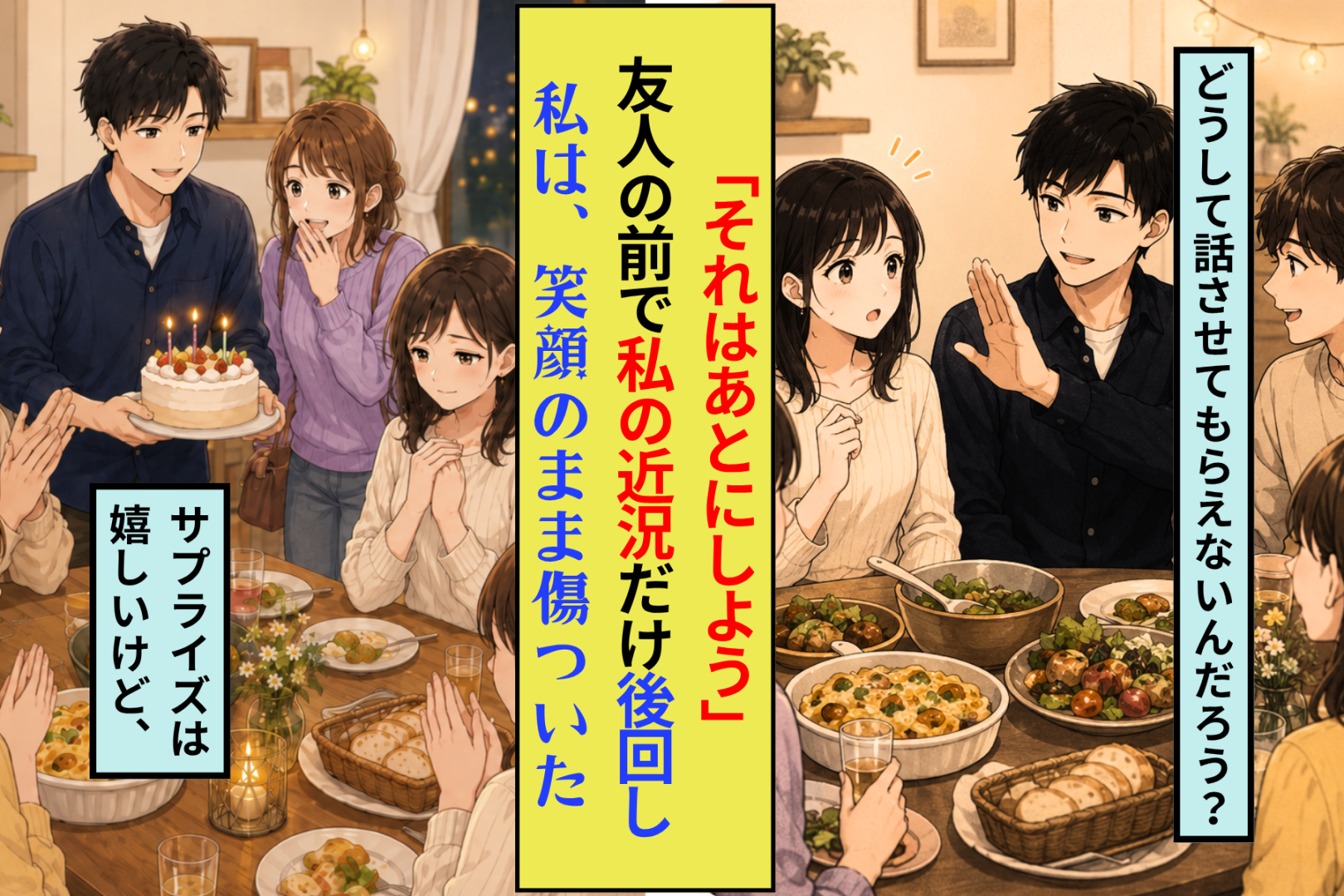 「それはあとにしよう」隣の彼が、友人の前で私の番だけ飛ばした