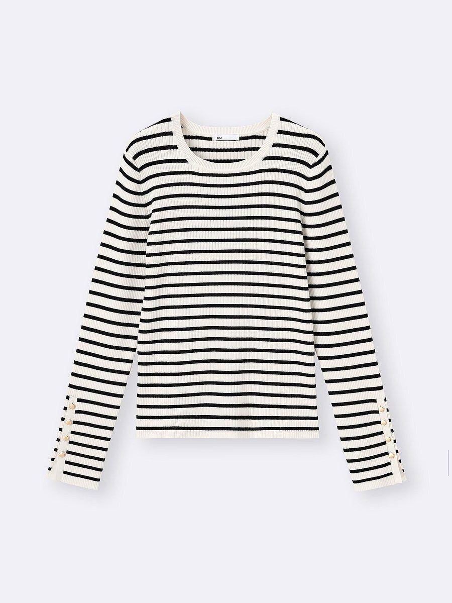 GU リブニットボーダーボタンスリーブプルオーバー GUのリブニットボーダーボタンスリーブプルオーバー