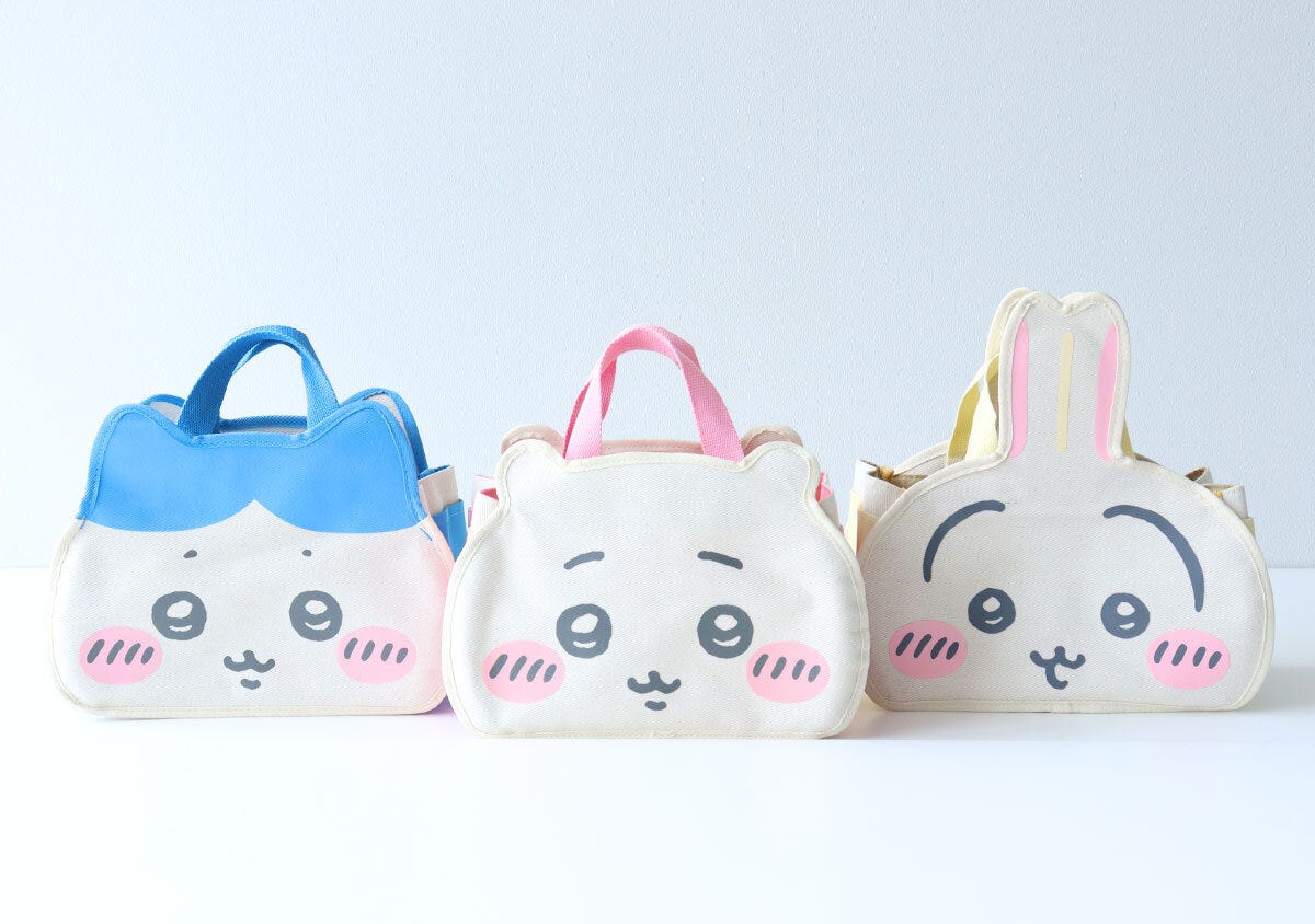 ちいかわ、ハチワレ、うさぎの顔のトートバッグ3種類が並ぶ ちいかわ、ハチワレ、うさぎの顔のトートバッグ3種類が並ぶ