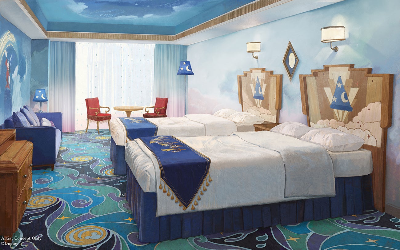 ディズニーアンバサダーホテル、新客室「ミッキーマウスルーム（魔法使いの弟子）」ローブ姿のミッキーをデザイン