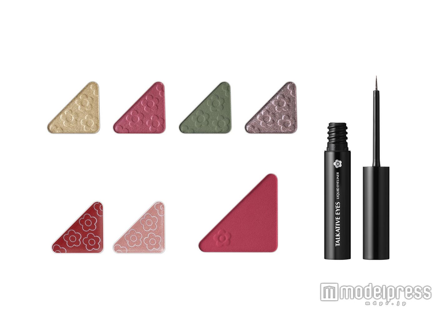 上段:「アイオープナー<アイシャドウ>」全4色 左からA-47、A-48、A-49、A-50 各1,200円、下段左:「リップミックス<口紅>」全2色 左からA-25、A-26 各1,200円、下段右:「ブラッシュ ベビー<チークカラー>」A-02 2,200円、右端:「トーカティブ アイズ<アイライナー>」A-02 3,000円(全て税抜)