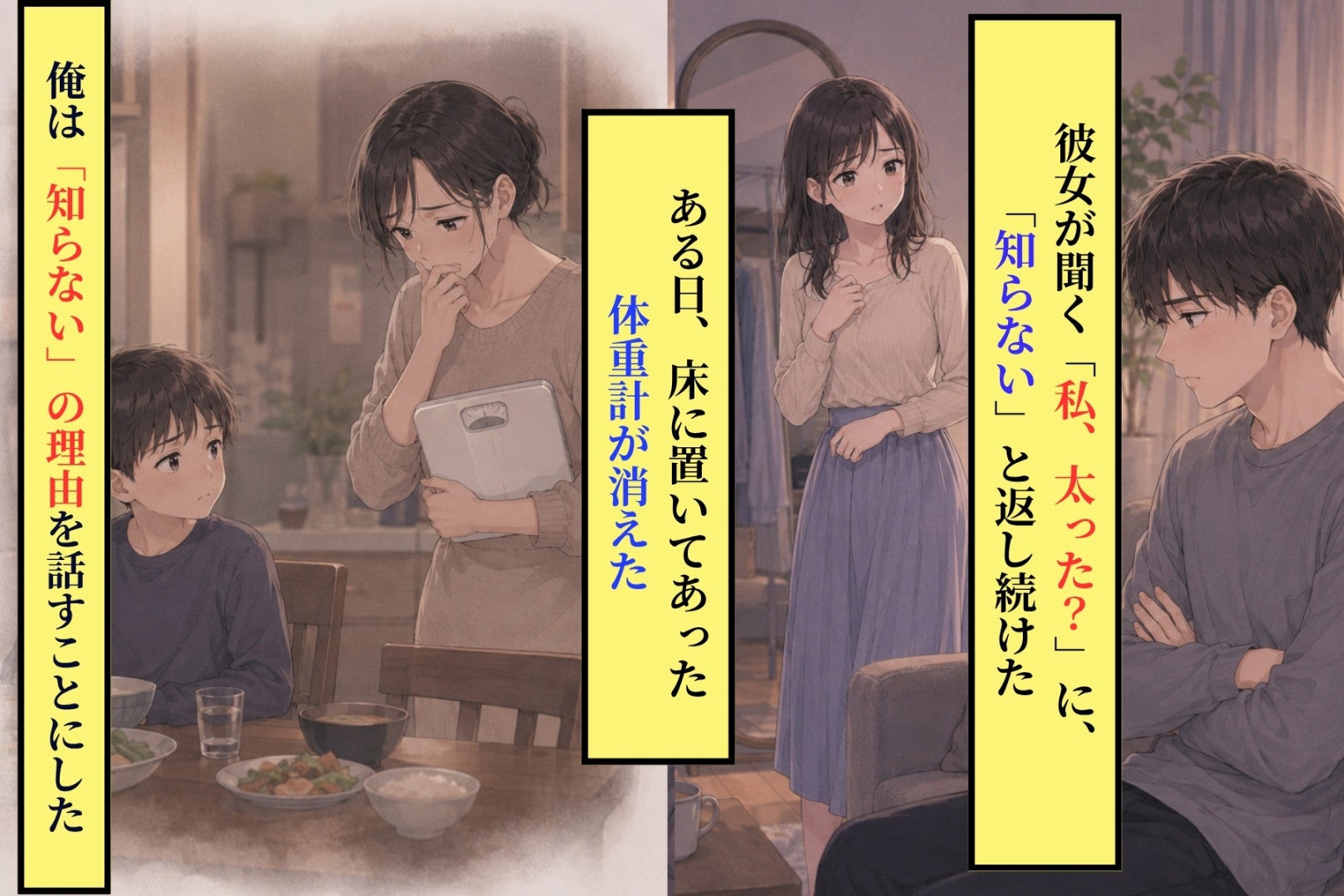 「私、太った？」に「知らない」と返し続けた俺→ある日、洗面所から体重計が消えました