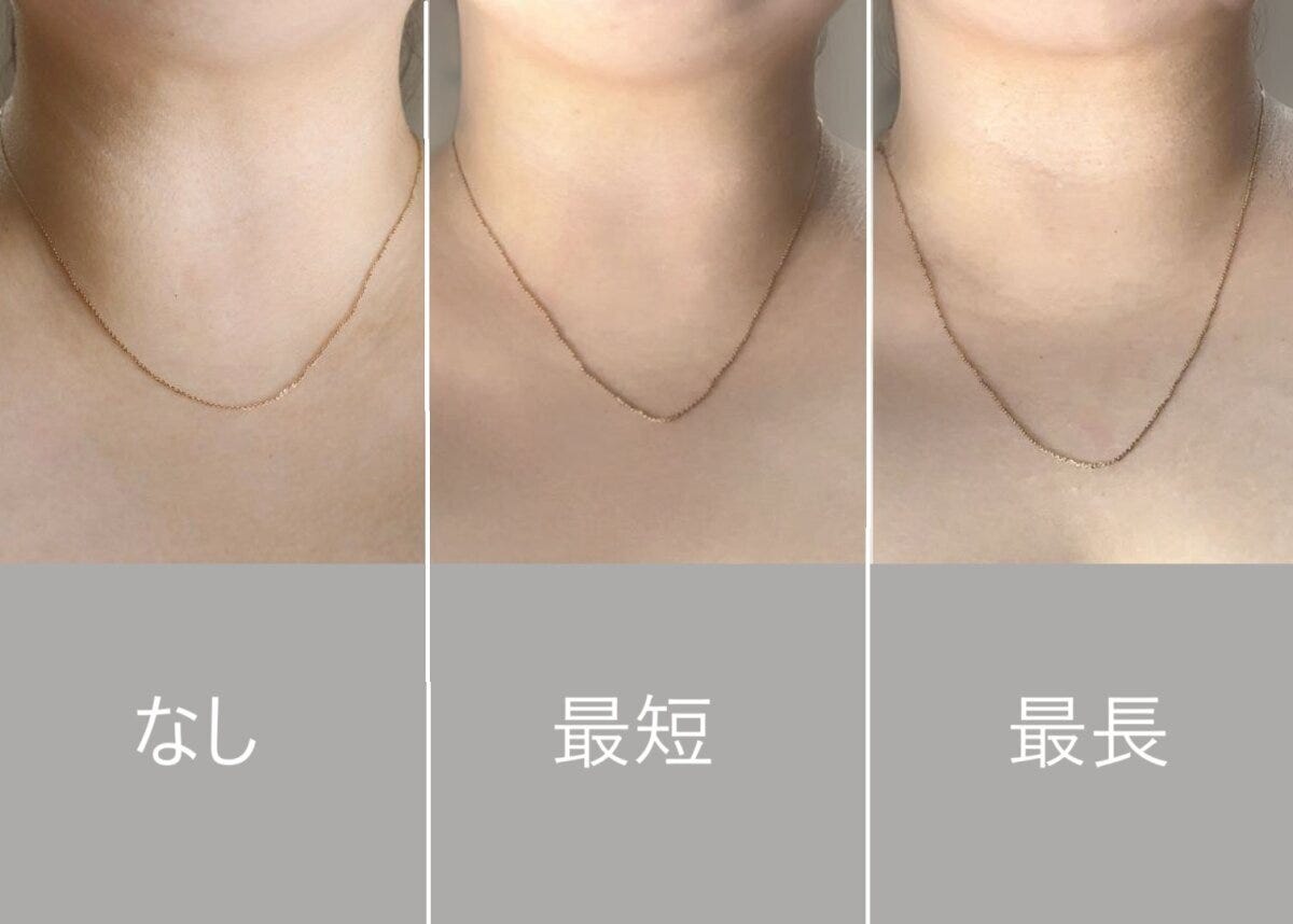 女性の首元でネックレスの長さ比較（なし、最短、最長）