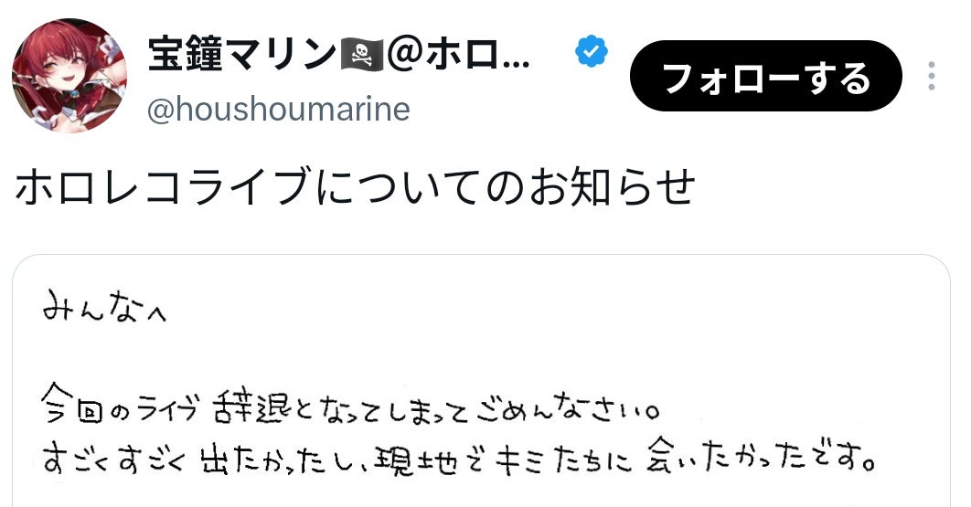 宝鐘マリンが治療に専念するため1月開催のライブを辞退すると発表