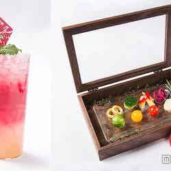 (左から)3層のノンアルコールカクテル「情熱のトリプル投げキッス」¥1,000、カラフル野菜のバーニャカウダ「カラフル ジュエリーボックス」¥1,500【モデルプレス】
