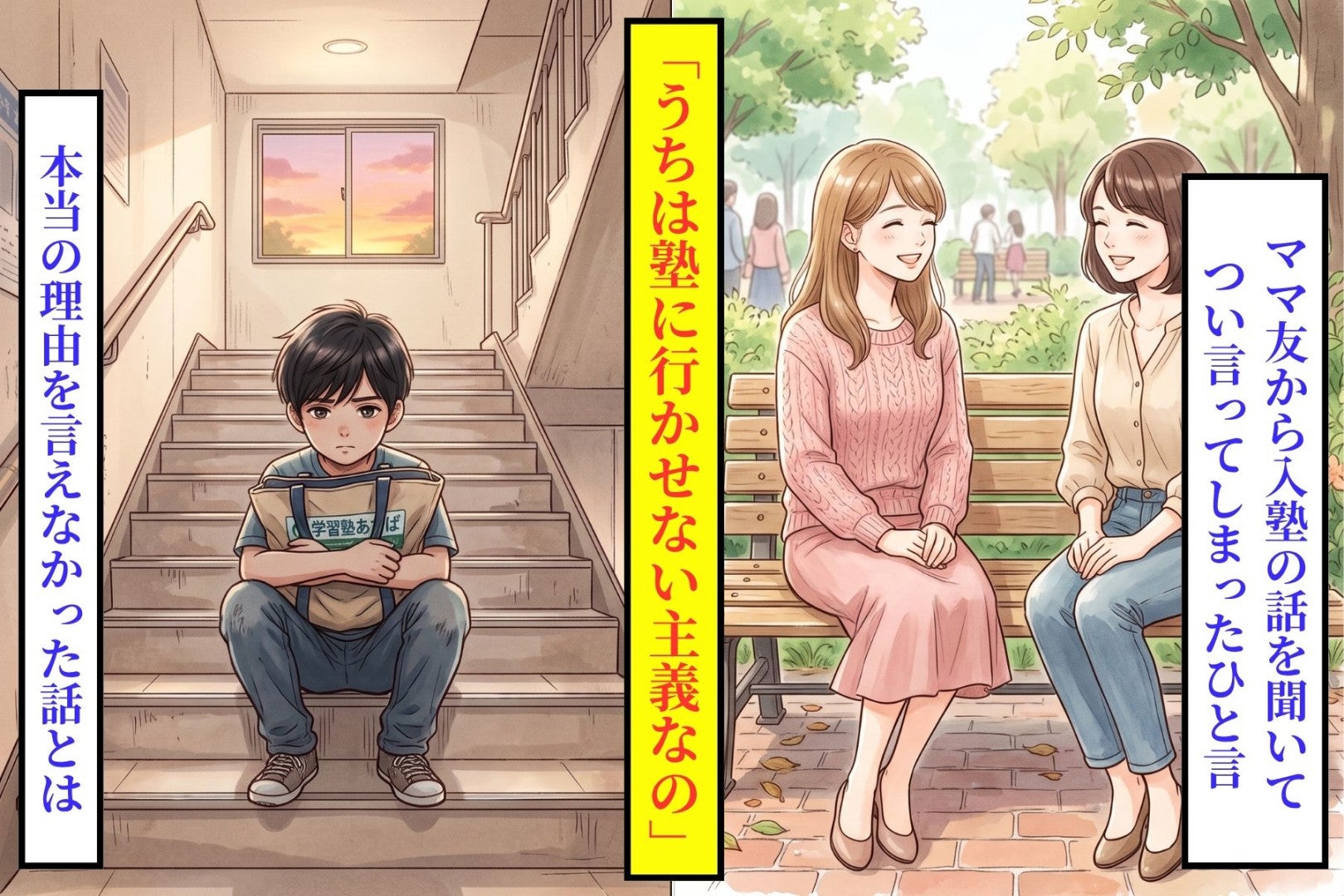 「うちは塾に行かせない主義なの」とママ友に言った私→本当は、階段で座り込んでいた息子の姿を話せなかった