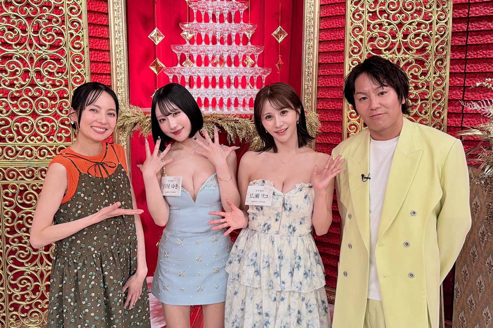 （左から）ベッキー、白星ゆき、広瀬リコ、狩野英孝（提供写真）
