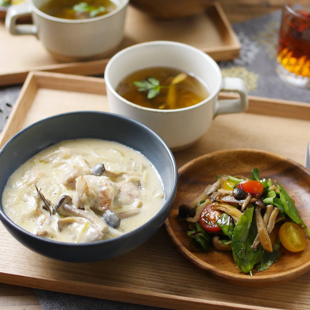 【30分で毎日定食】きのこマリネを活用!チキンクリーム煮定食