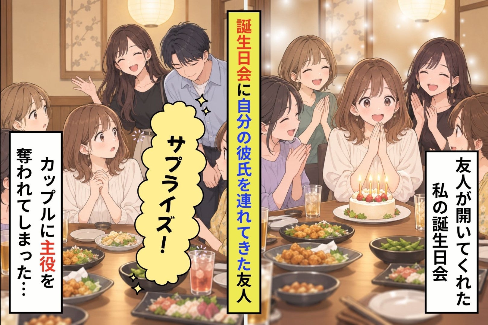 「サプライズ！」と笑った友人が、居酒屋での私の誕生日会に連れてきたのは彼女の彼氏でした