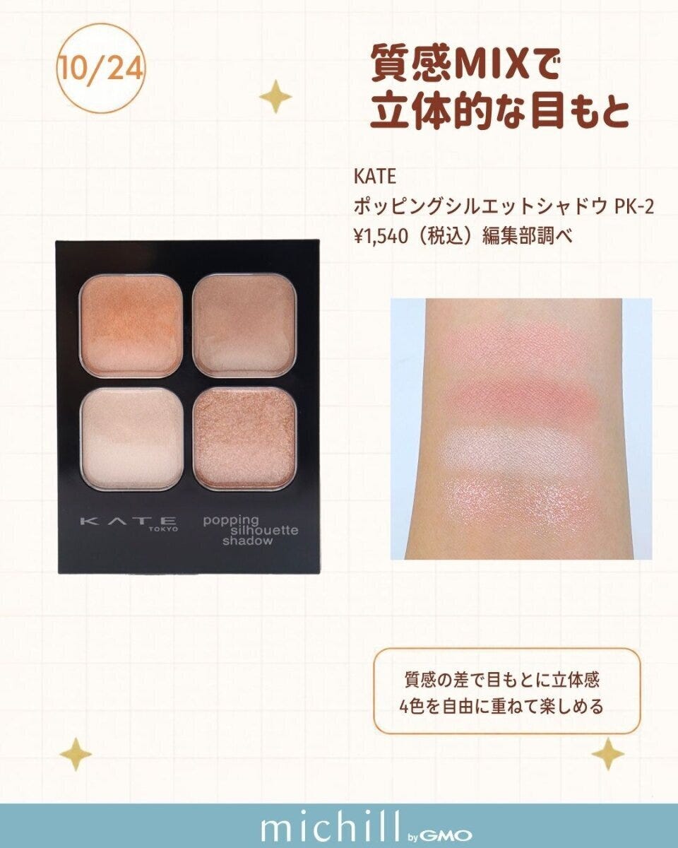 KATEの4色アイシャドウパレットPK-2と腕に塗られたピンク系の色見本