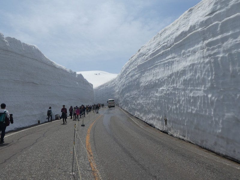 アルペンルート開通時の風物詩、雪の大谷。道路の除雪によりできた巨大な雪壁が迫力です（2018年5月撮影）