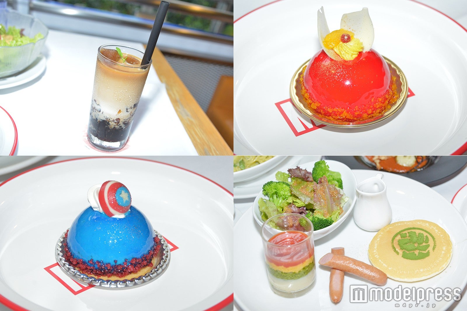 左上から時計回りにツブツブラックパンサーゼリーコーヒー、アイアンマンゴーチーズケーキ、よくばリベンジャーズモーニングプレート、キャプテンアメリカーノカフェ（C）モデルプレス