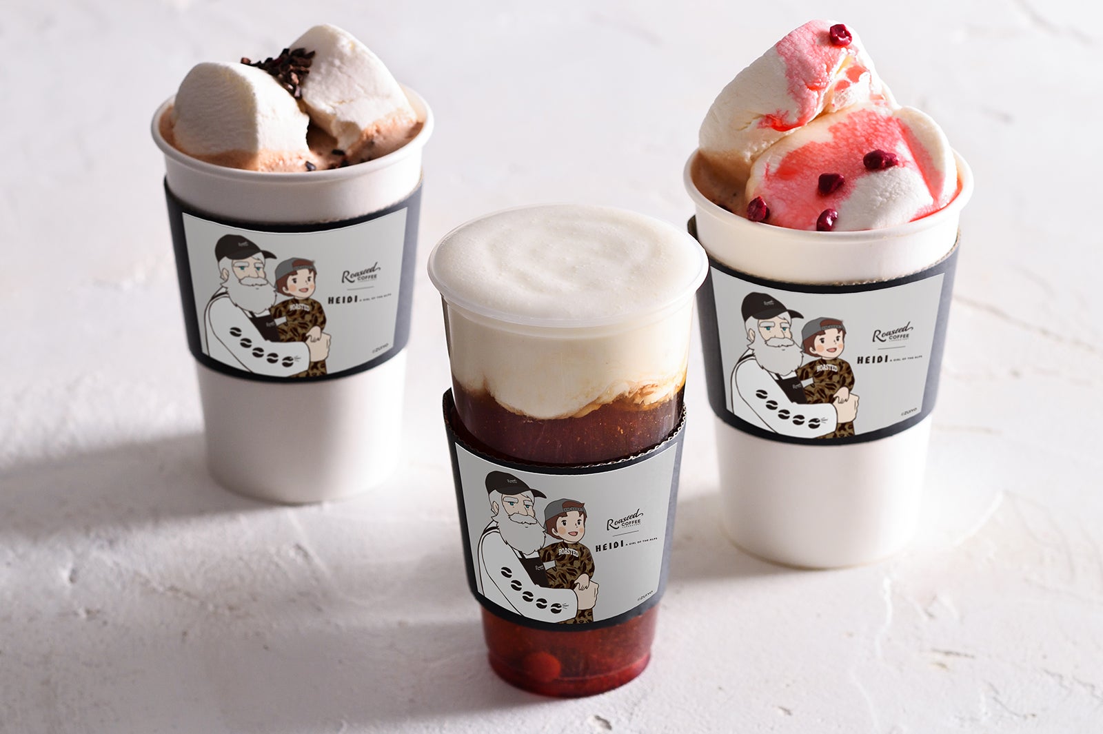 左から：ハイジコラボ・ホットチョコレート、ハイジコラボ・チーズティー、ハイジコラボ・ストロベリーモカ／画像提供：フレーバーワークス