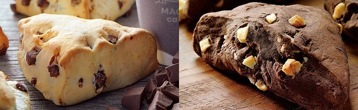 (左から)白のチャンクスコーン 生クリーム入り、黒のチャンクスコーン生クリーム入り/画像提供:ローソン