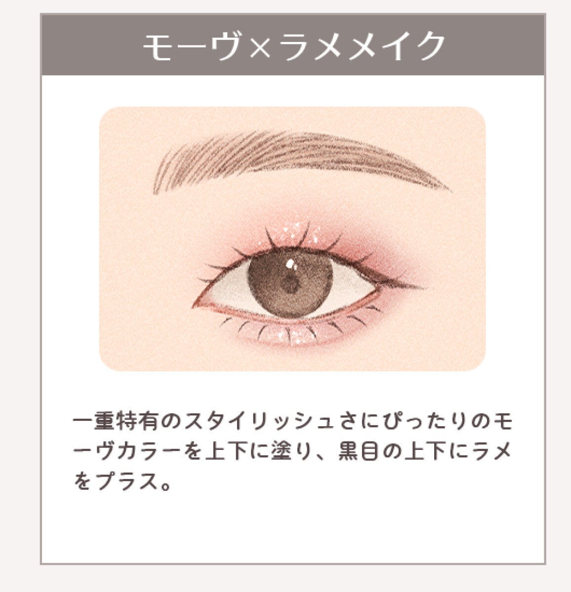 「モーヴ×ラメメイク」一重さんの目元にモーヴカラーを上下に塗り黒目上下にラメを施したイラスト