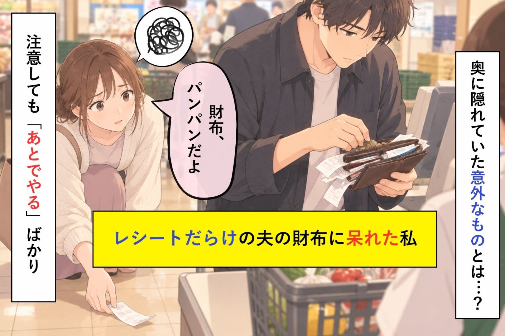 「財布、パンパンだよ」レジで夫を注意した私→その夜、財布の一番奥から出てきた四つ折りの紙