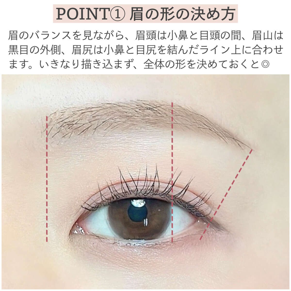 眉頭・眉山・眉尻のバランスを示すガイドライン入りの眉と目元