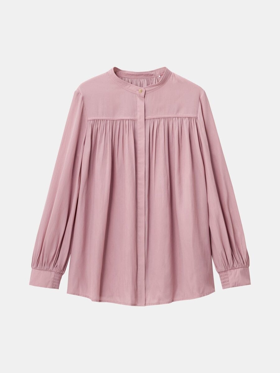 2026plstライトサテンギャザーブラウス