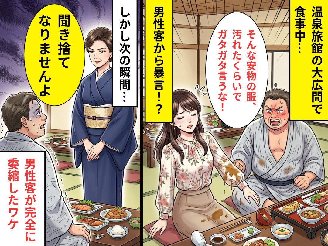 私の服を汚したのに…暴言を吐く悪質客！？しかし「聞き捨てなりませんよ」⇒まさかの反撃に…客は硬直！女性は感動！？