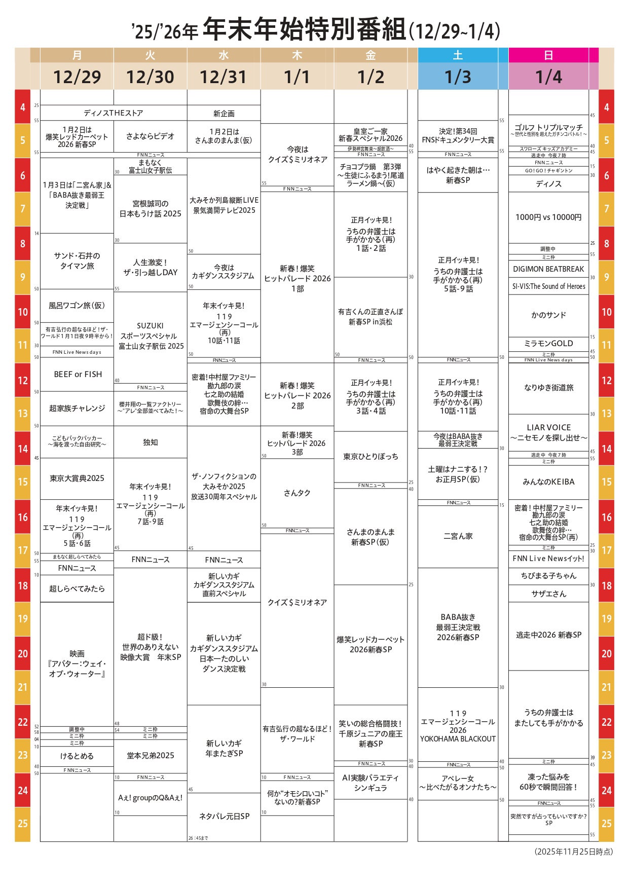 2025年-2026年年末年始特別番組タイムテーブル（提供写真）