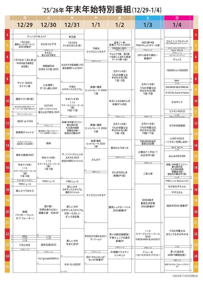 2025年-2026年年末年始特別番組タイムテーブル(提供写真)