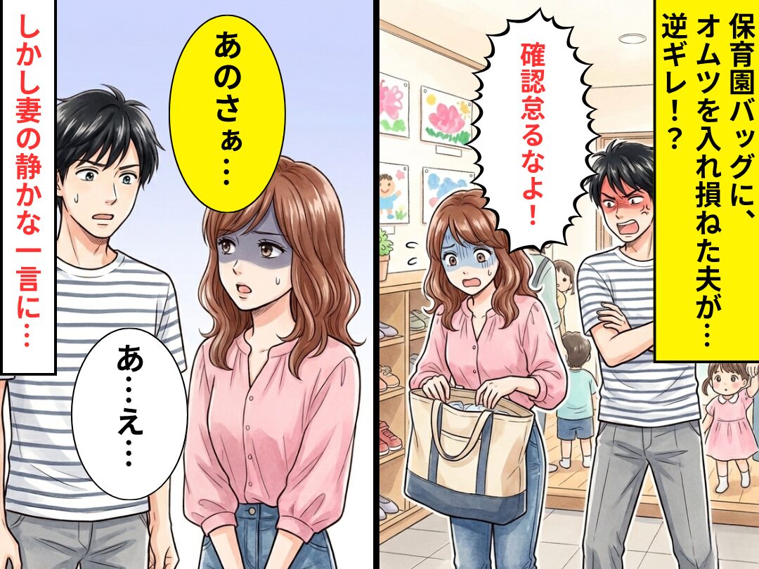 保育園バッグに、オムツを入れ忘れた夫「確認怠るなよ！」逆ギレ！？しかし⇒「あのさぁ…」妻の静かな一言に「あ、え…」