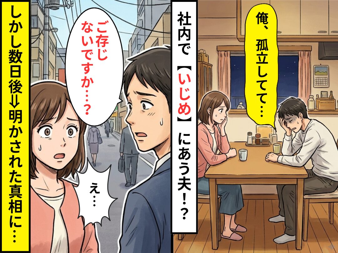 「俺、孤立してて…」社内で“いじめ”にあう夫！？しかし数日後⇒同僚「ご存じないですか…？」明かされた真相に、妻「え…」