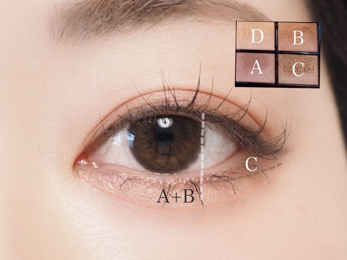 下まぶたにA+Bを広げ目尻側に締め色Cをのせる塗り方