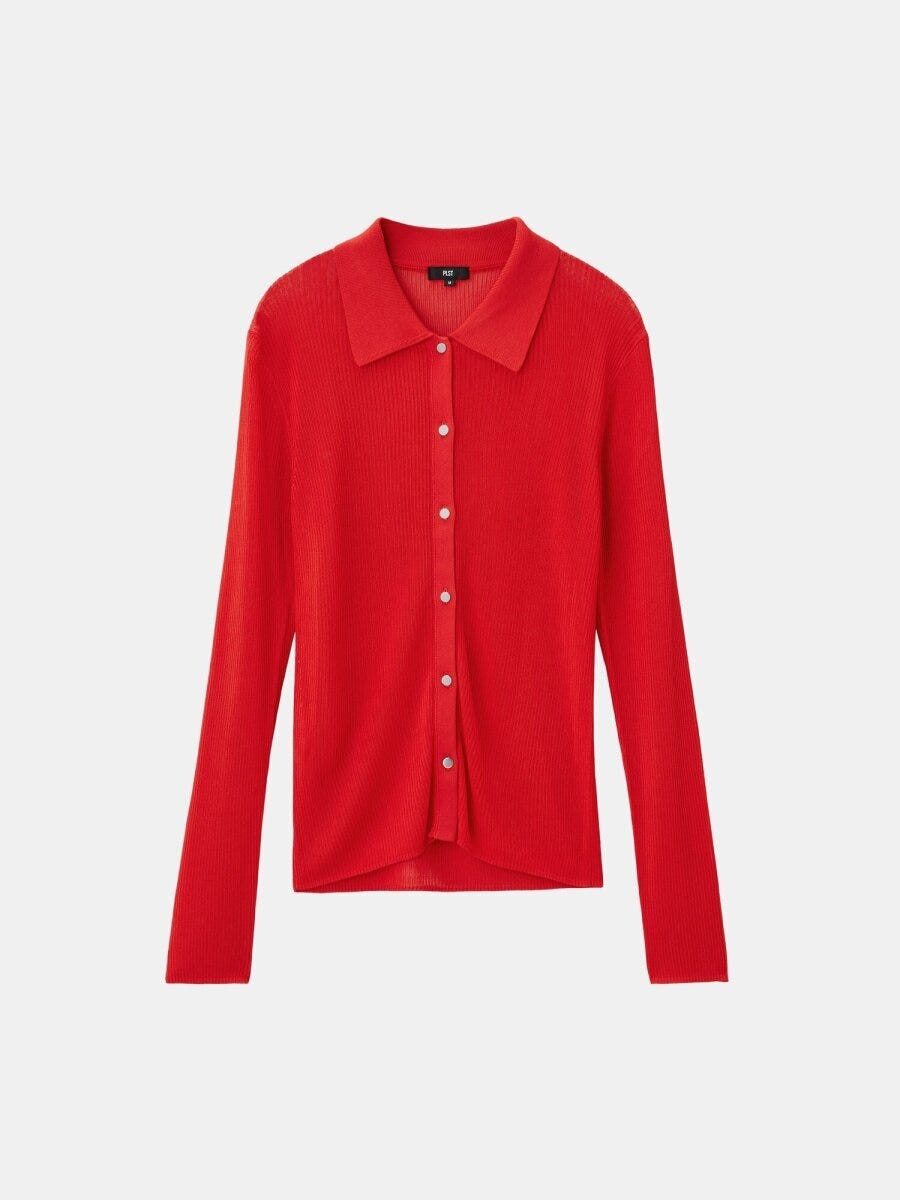 2026春plst大人女性おすすめレーヨンブレンドシアーポロカーディガン