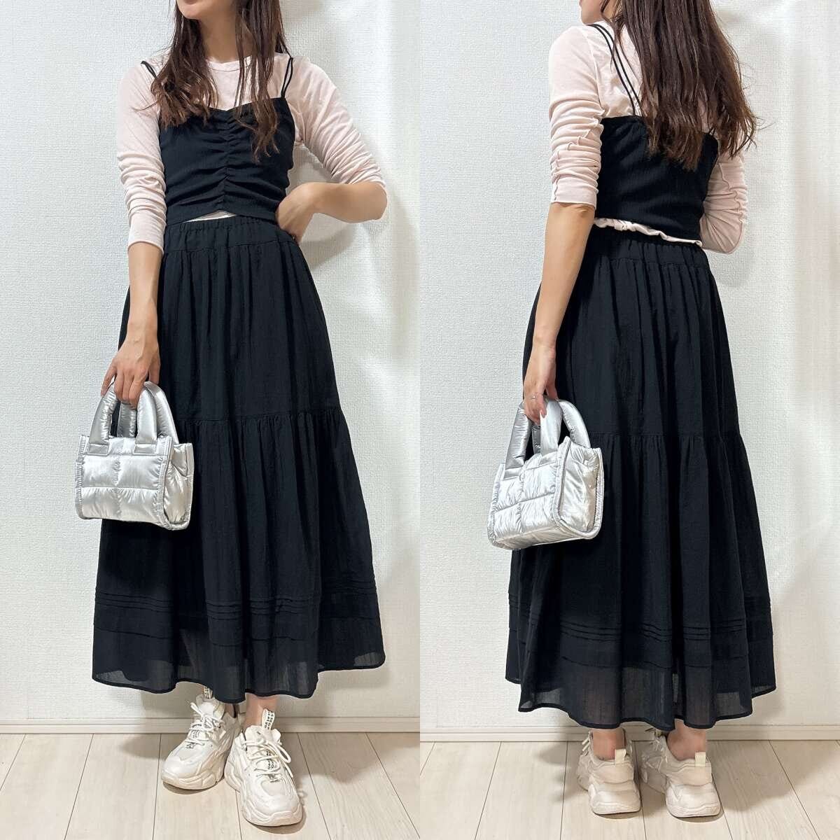 ユニクロ　ティアードマキシスカート　コーデ　ビスチェ　ワンピ風