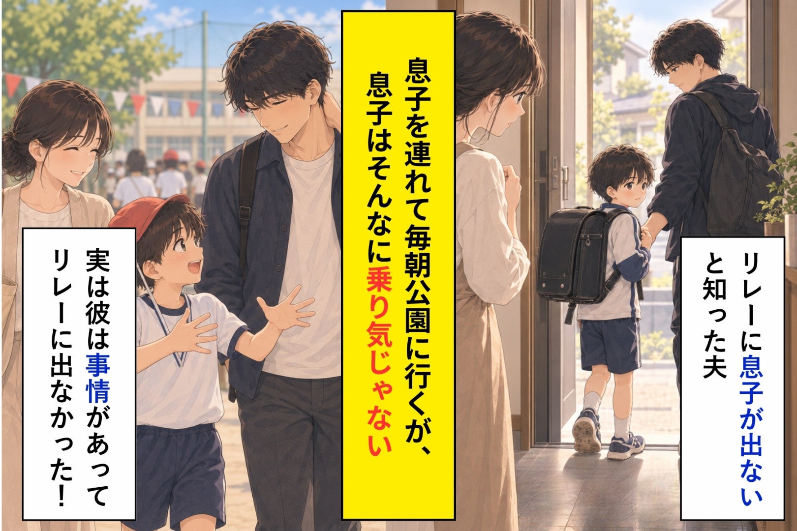 「リレー、出ないんだ」息子がそう言ってから、夫は登校前の公園で走らせ始めました