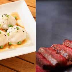 羽根つき焼小籠包<羽根つき焼小籠包 鼎’s>濃厚うに醤油の黒毛和牛ステーキ<銀座のステーキ>/画像提供:AATJ