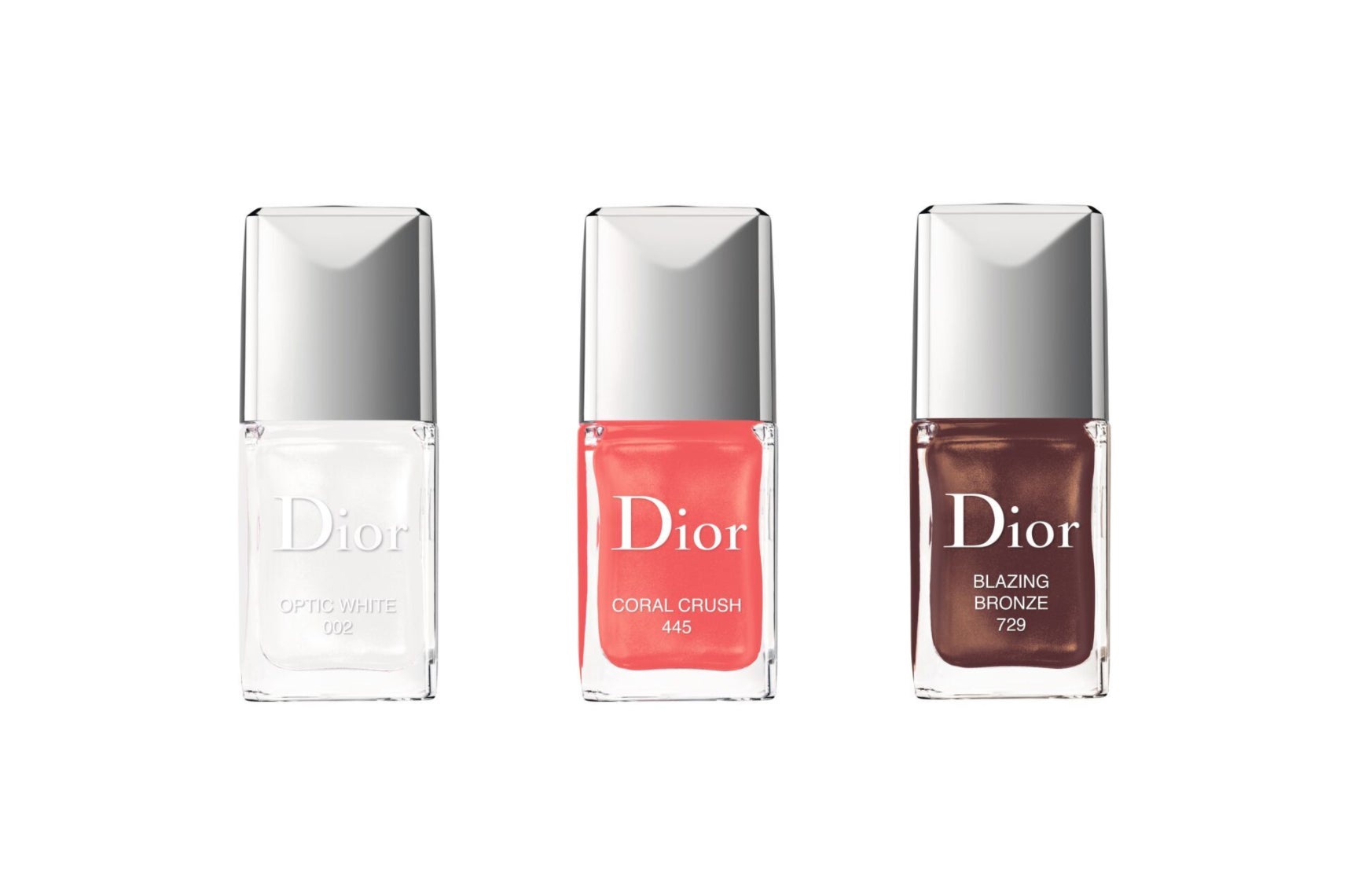 「ディオール ヴェルニ」（左から）“002 オプティック ホワイト、“445 コーラル クラッシュ、“729 ブレイジングブロンズ ／画像提供：Dior