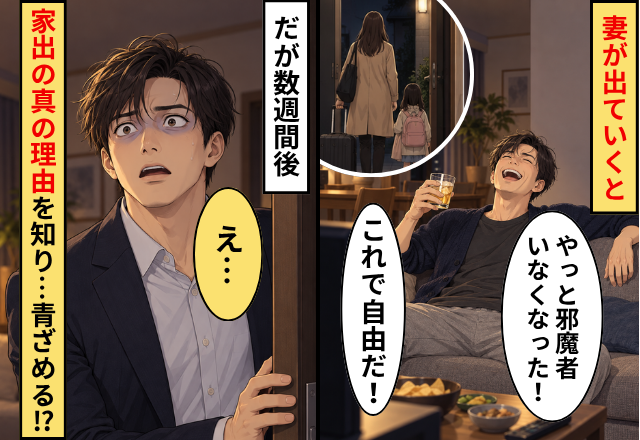 妻が出ていくと「邪魔者いなくなった！」夫は大笑い！だが数週間後⇒家出の【真の理由】を知り…青ざめる！？