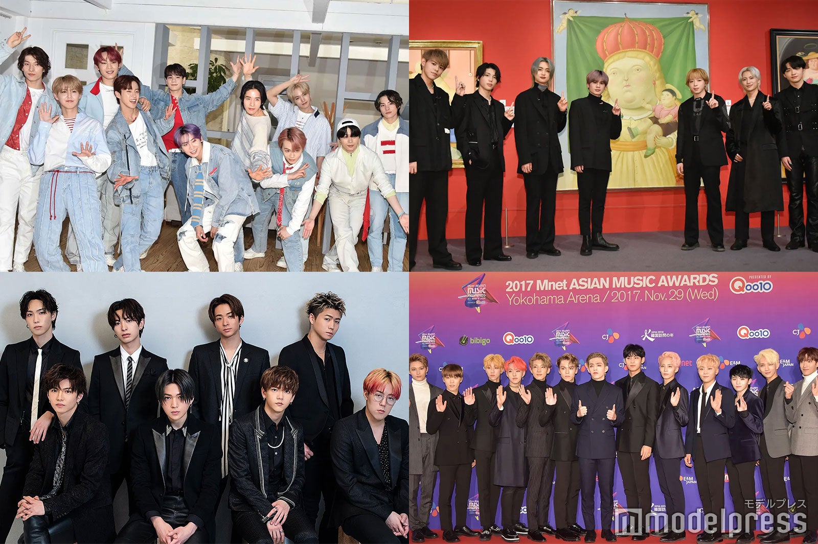 （左上から時計回りに）JO1、BE:FIRST、SEVENTEEN、FANTASTICS from EXILE TRIBE（C）モデルプレス