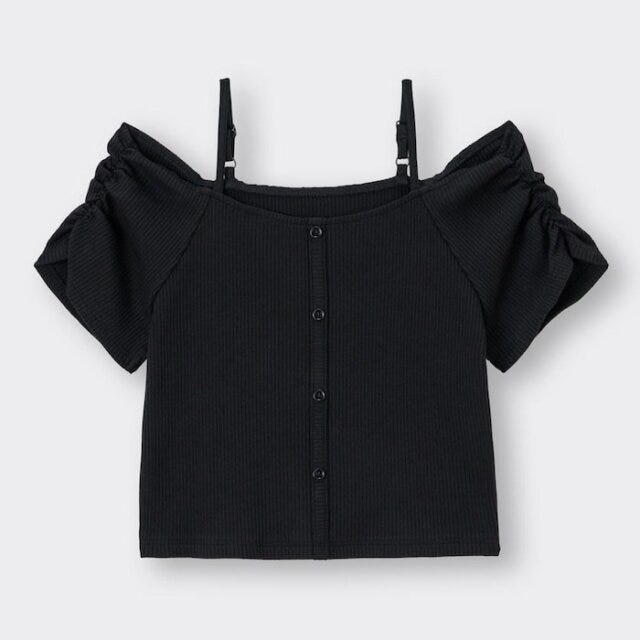 GU　黒トップス　秋まで使える　リブフロントボタンオフショルダーT