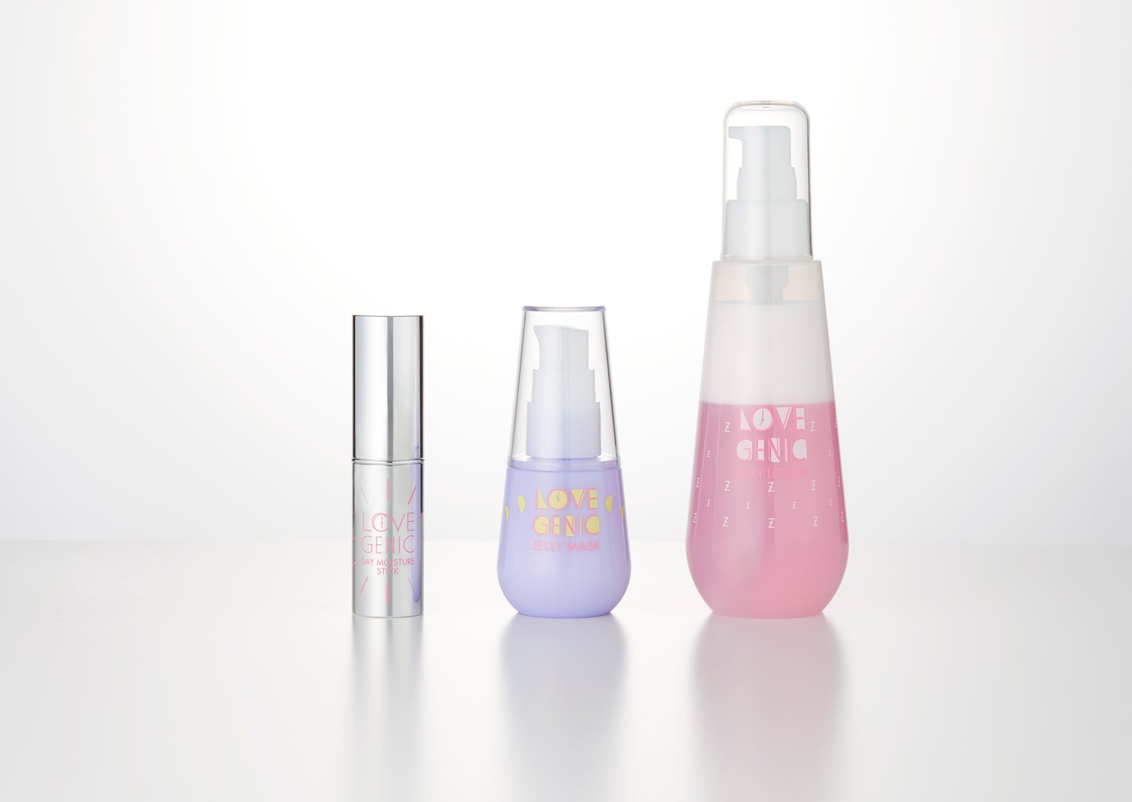 「ラブジェニックシリーズ」（左から：デイ モイスチュア スティック、ジェリーマスク、ミルキーローション）