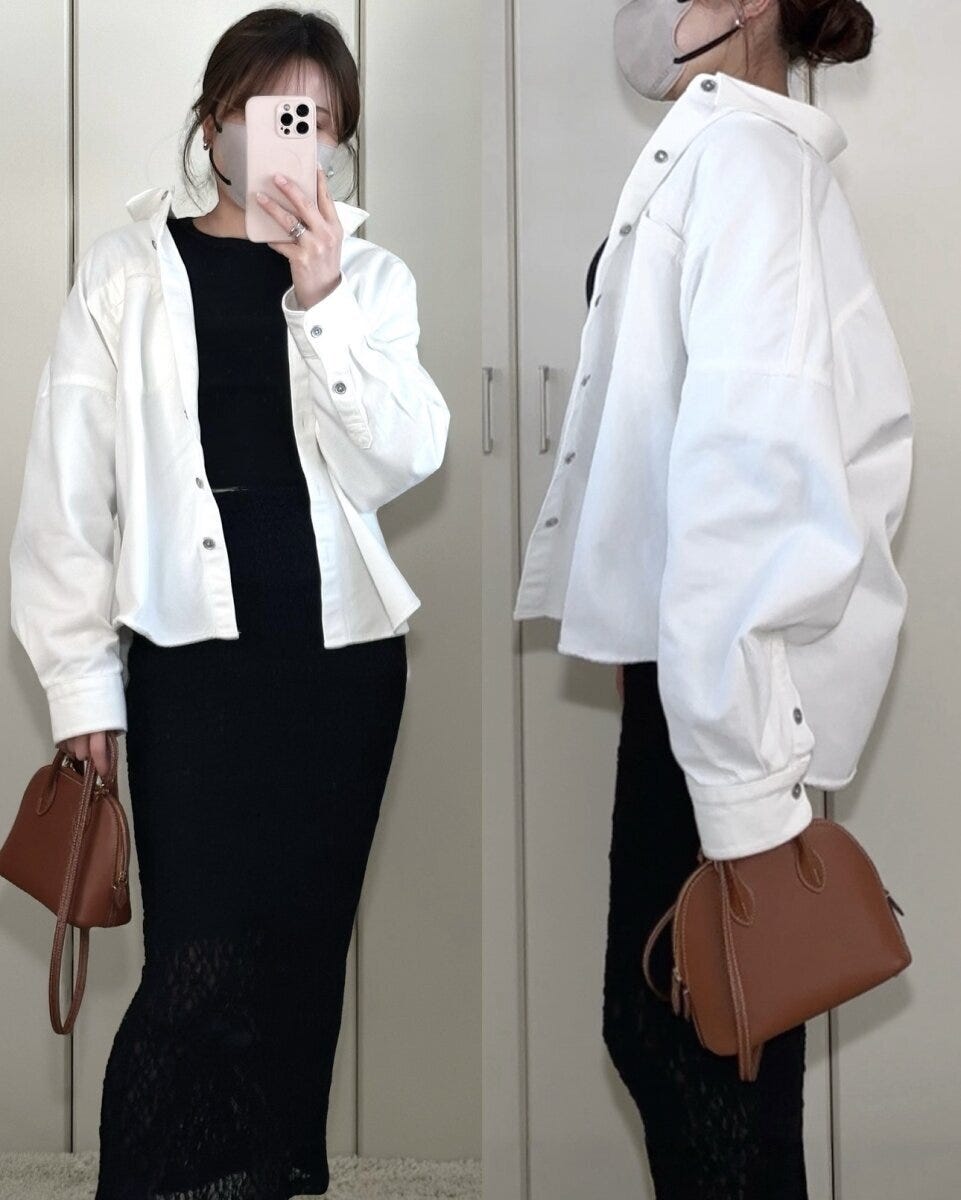 ユニクロデニムリラックスシャツジャケットとタイトスカートコーデ