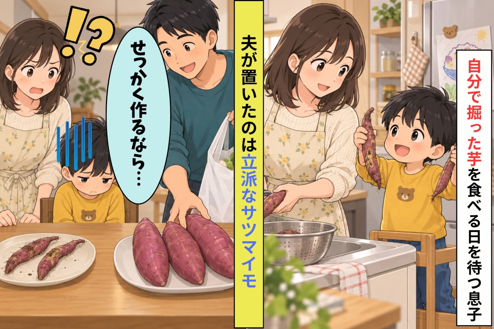 息子が掘ってきた細いサツマイモ２本。夫がスーパーで買ってきた立派な芋を見て、息子は下を向いた