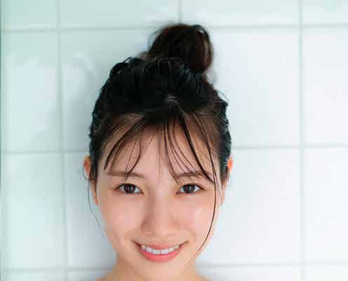 日向坂46河田陽菜、湯上がりバスタオル姿で美デコルテ披露 1st写真集先行カット公開