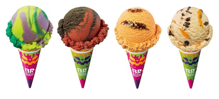 (画像左から)ネオンモンスター、ヴァンパイアキッス、ウーララ! パンプキン、トリック オア アイスクリーム