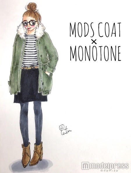 彼氏から借りた風のミリタリーコートで、辛口ガーリー