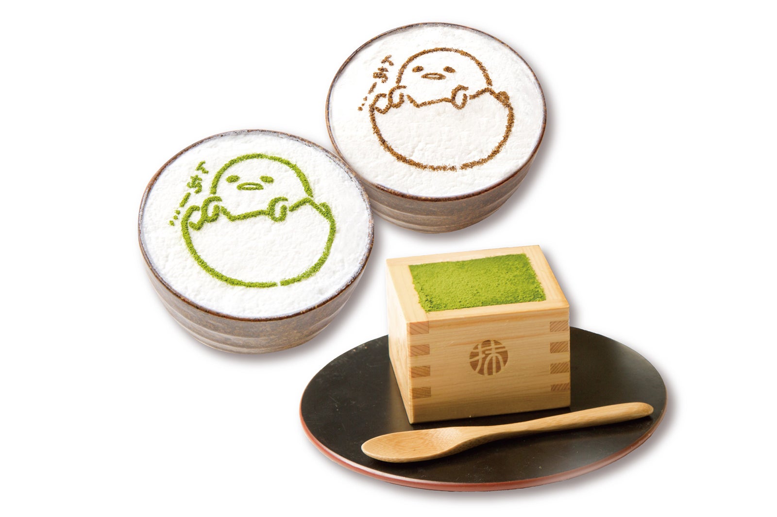 ぐでらてアート（カフェらて／チョコらて）＋宇治抹茶のティラミス各￥1,100（税抜）（C）2013，2017 SANRIO CO．，LTD．APPROVAL NO．S580818