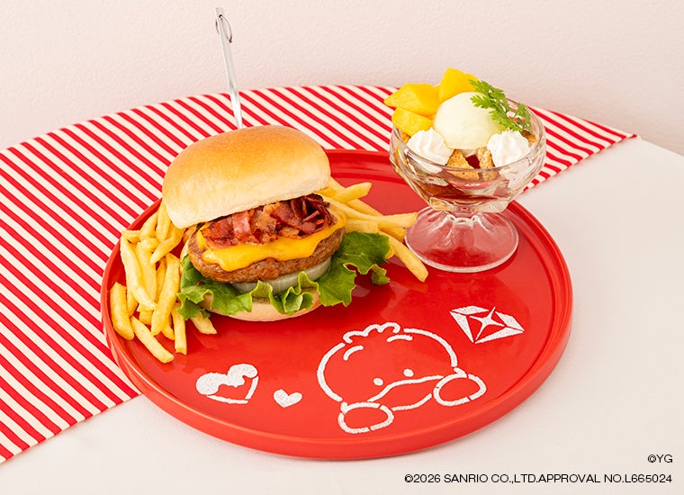 ASAHI×SO JUNG HWAN×ペックルのハンバーガー＆アールグレイゼリーグラスプレート税込1,890円（C）2026 SANRIO CO., LTD. APPROVAL NO. L665024 （C）YG. All rights reserved.