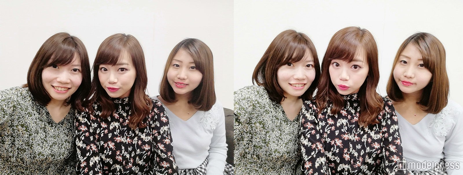 目や輪郭など、自分だけ理想の顔に（左：通常モード　右：パーフェクトセルフィーで撮影）