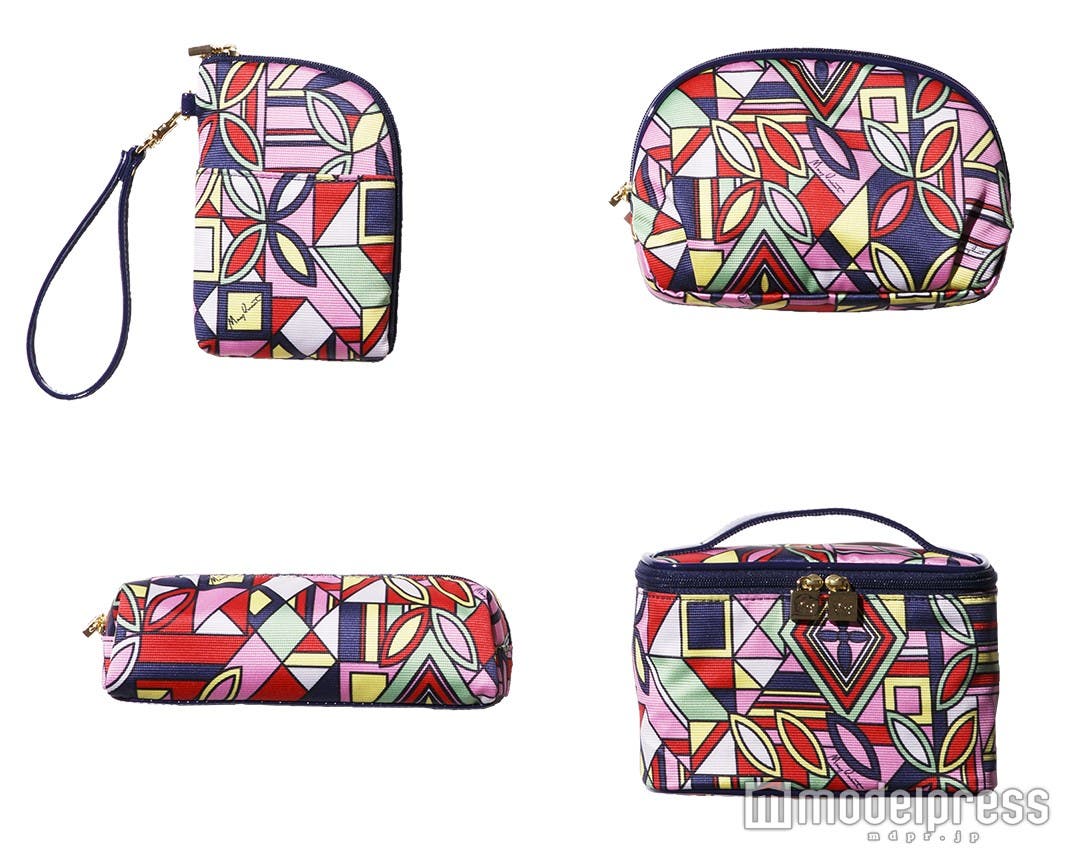 (右上から時計まわりに)「カラフリージオメトリックタックポーチ」3,600円、「カラフリージオメトリックバニティ」4,400円、「カラフリージオメトリックスクエアペンケース」2,400円、「カラフリージオメトリックマルチポーチポケット付」2,800円(全て税抜)